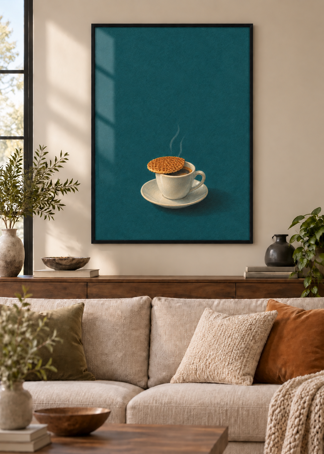 GL00100045 Kaffeepause mit Stroopwafel – Wohnzimmer-Mockup, Poster im schwarzen Holzrahmen
