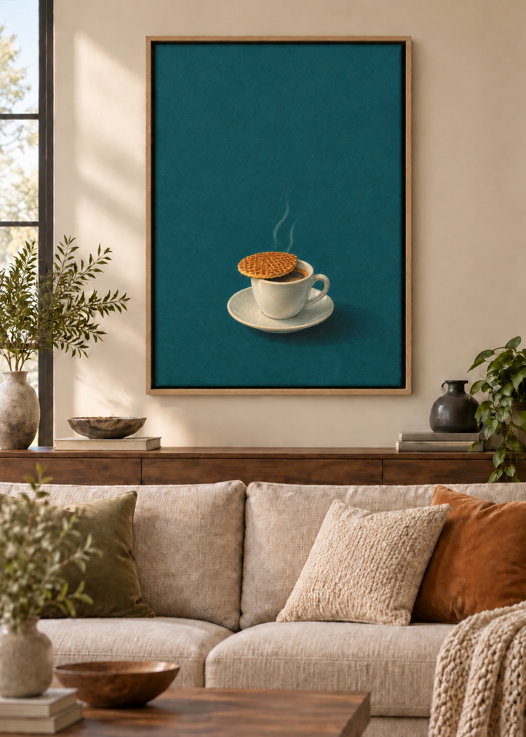 GL00100045 Kaffeepause mit Stroopwafel – Wohnzimmer-Mockup, Leinwand mit Naturholz-Schattenfugenrahmen