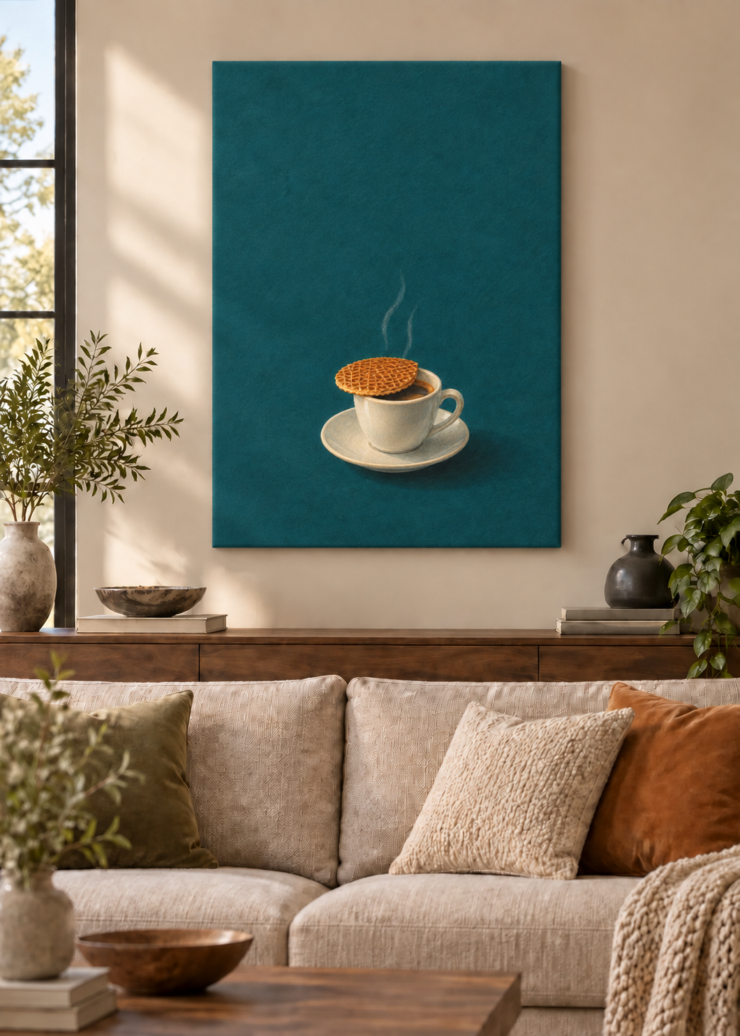 GL00100045 Kaffeepause mit Stroopwafel – Wohnzimmer-Mockup, Rahmenlose Slim-Leinwand