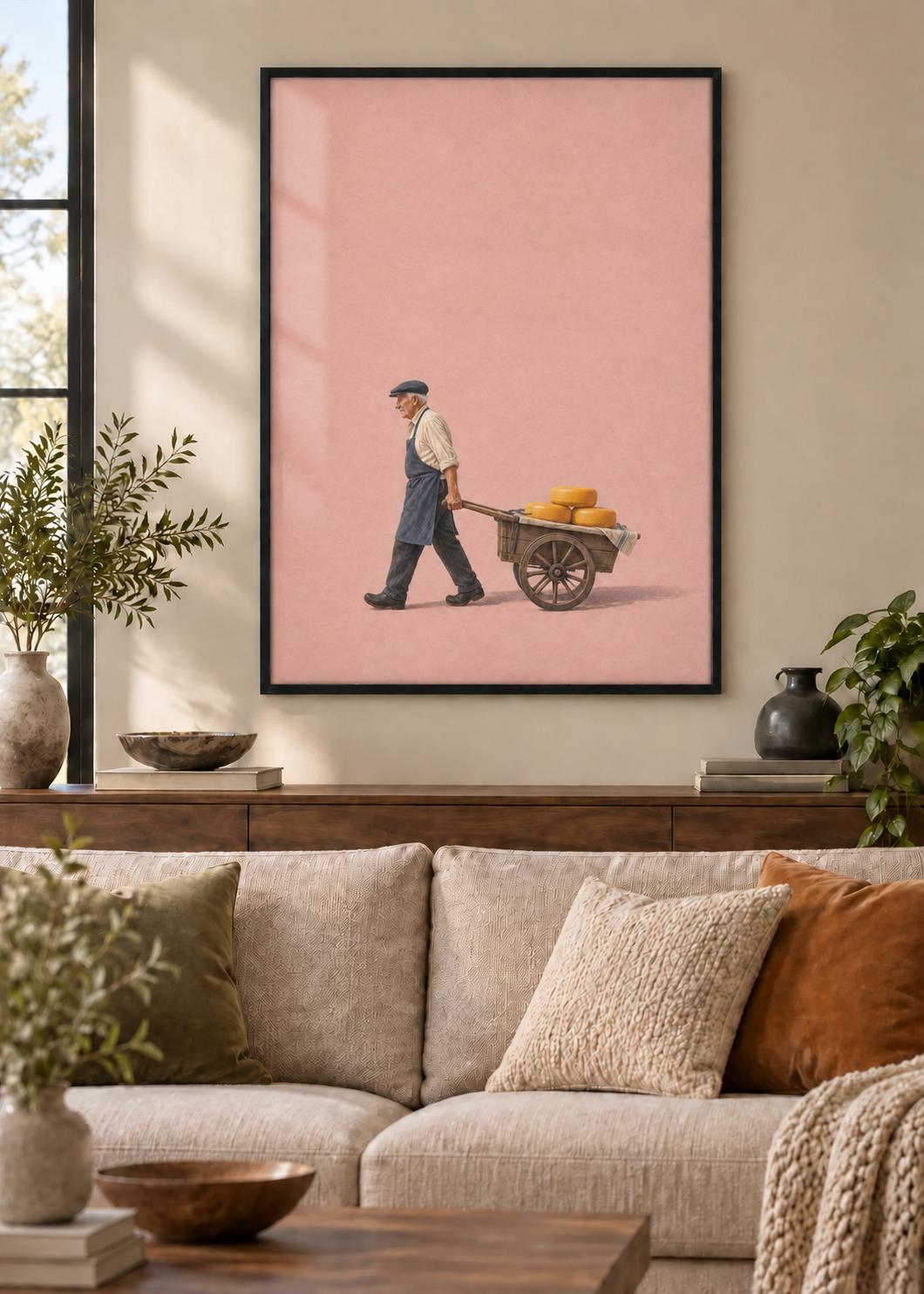 GL00100046 Käse zum Markt – Wohnzimmer-Mockup, Poster im schwarzen Holzrahmen