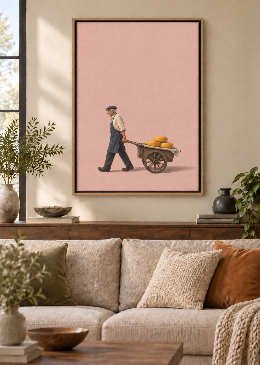 GL00100046 Käse zum Markt – Wohnzimmer-Mockup, Leinwand mit Naturholz-Schattenfugenrahmen