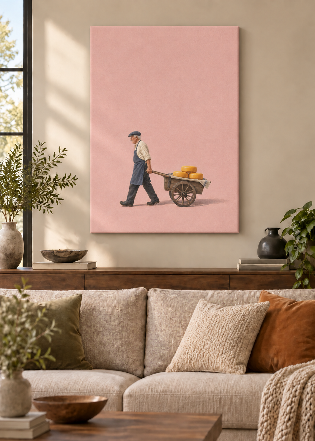 GL00100046 Käse zum Markt – Wohnzimmer-Mockup, Rahmenlose Slim-Leinwand