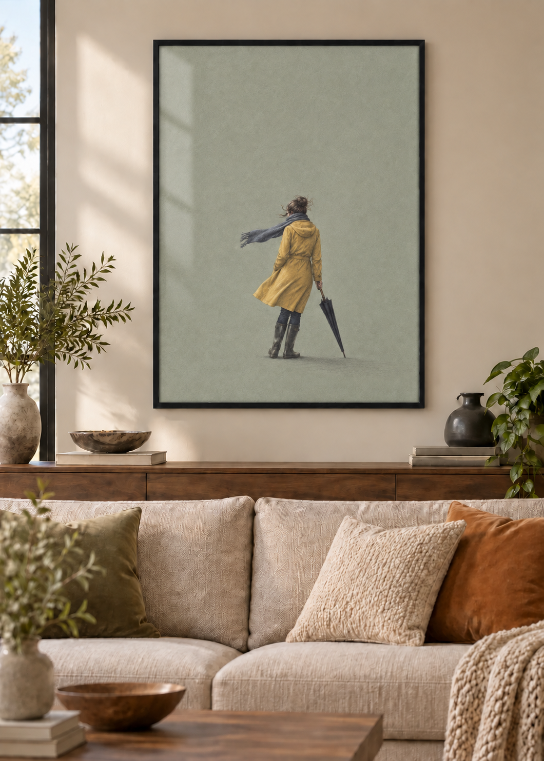 GL00100047 Gegen den Wind – Wohnzimmer-Mockup, Poster im schwarzen Holzrahmen