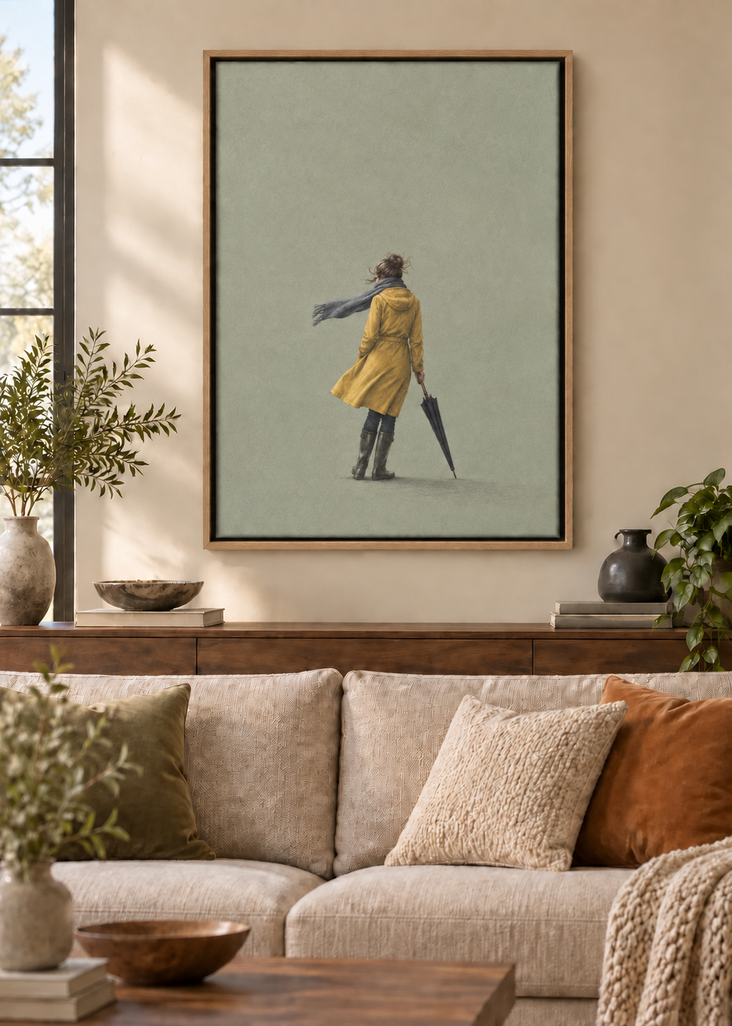 GL00100047 Gegen den Wind – Wohnzimmer-Mockup, Leinwand mit Naturholz-Schattenfugenrahmen