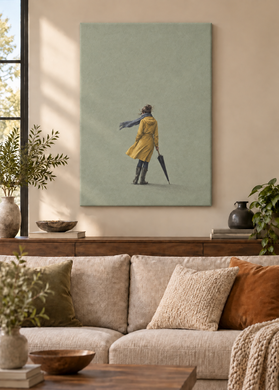 GL00100047 Gegen den Wind – Wohnzimmer-Mockup, Rahmenlose Slim-Leinwand