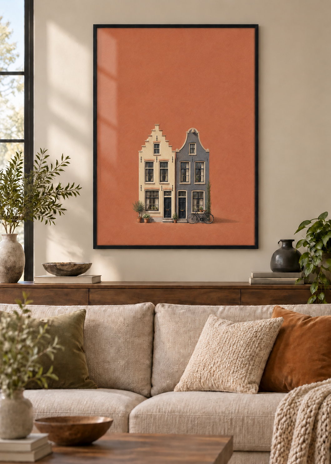 GL00100048 Grachtenruhe – Wohnzimmer-Mockup, Poster im schwarzen Holzrahmen