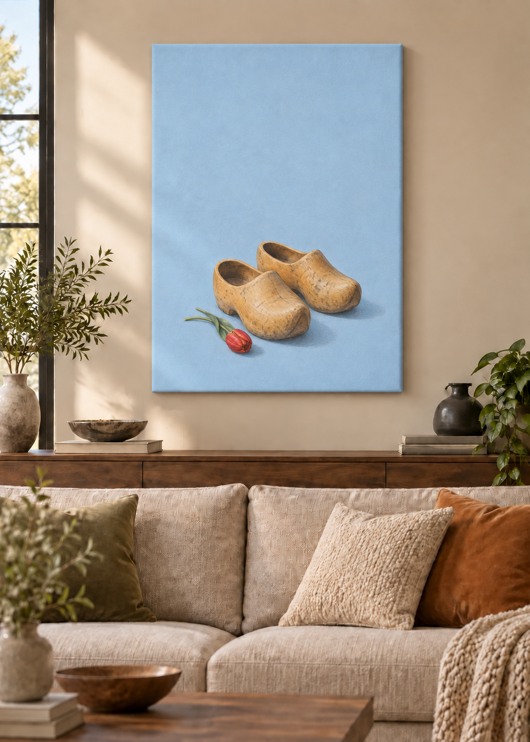 GL00100049 Holzschuhe vor der Tür – Wohnzimmer-Mockup, Rahmenlose Slim-Leinwand