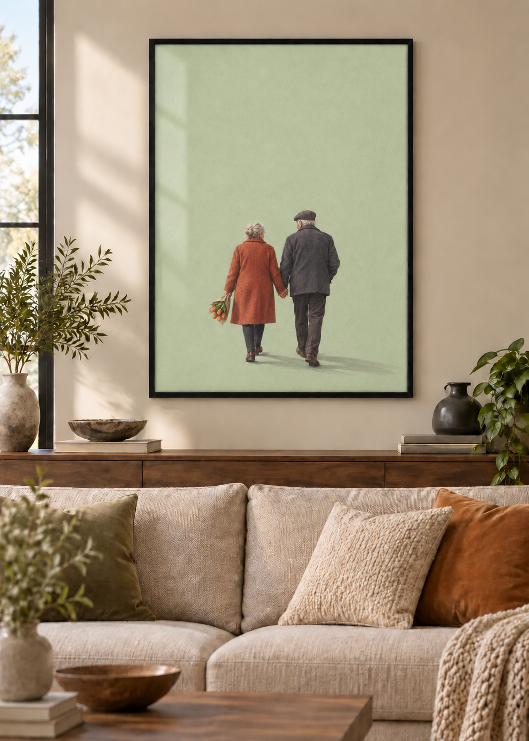 GL00100050 Ein stiller Sonntag – Wohnzimmer-Mockup, Poster im schwarzen Holzrahmen