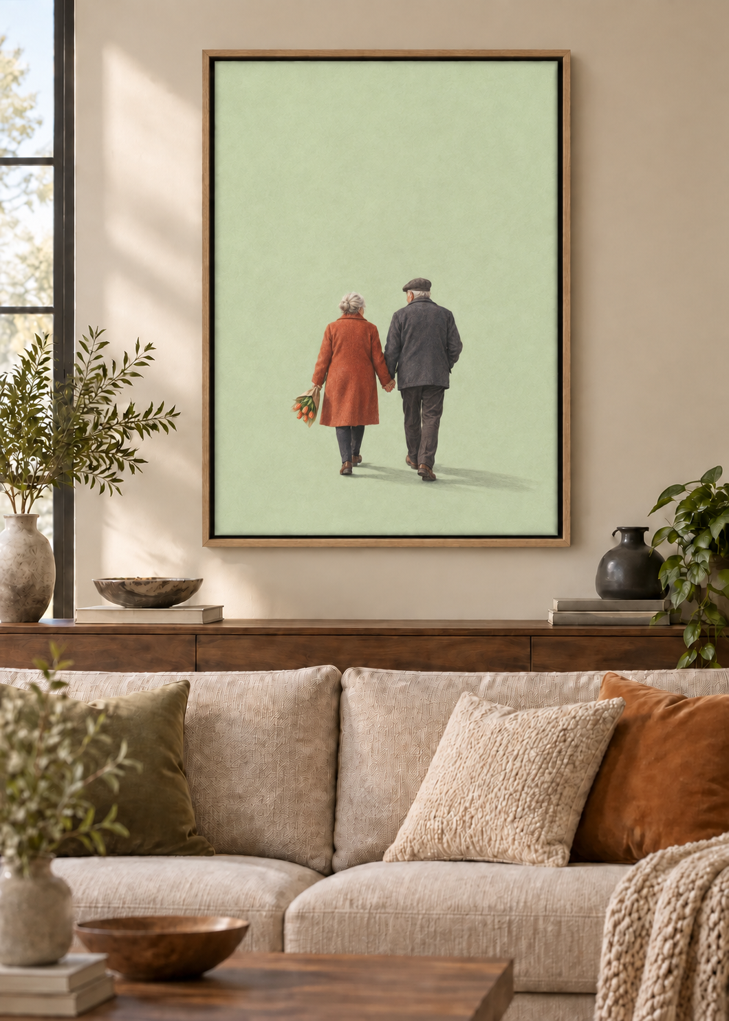 GL00100050 Ein stiller Sonntag – Wohnzimmer-Mockup, Leinwand mit Naturholz-Schattenfugenrahmen