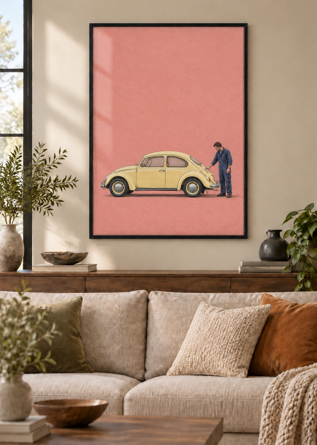 GL00100051 Sonntag mit Käfer – Wohnzimmer-Mockup, Poster im schwarzen Holzrahmen