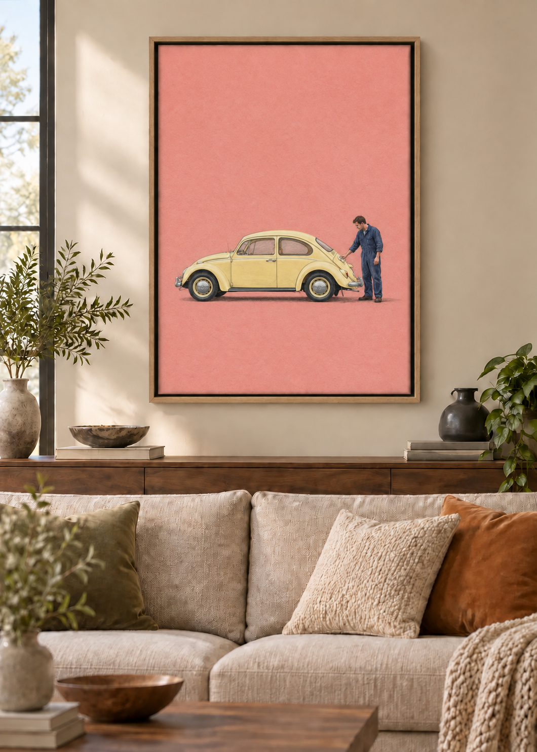 GL00100051 Sonntag mit Käfer – Wohnzimmer-Mockup, Leinwand mit Naturholz-Schattenfugenrahmen