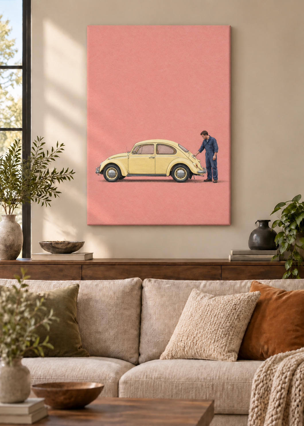 GL00100051 Sonntag mit Käfer – Wohnzimmer-Mockup, Rahmenlose Slim-Leinwand