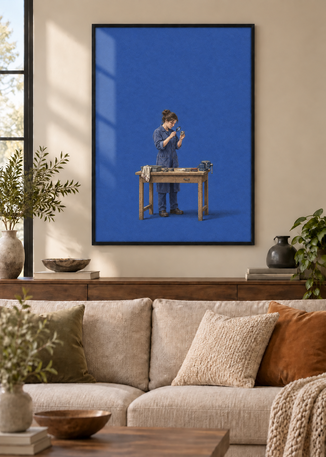 GL00100052 Der genaue Blick – Wohnzimmer-Mockup, Poster im schwarzen Holzrahmen