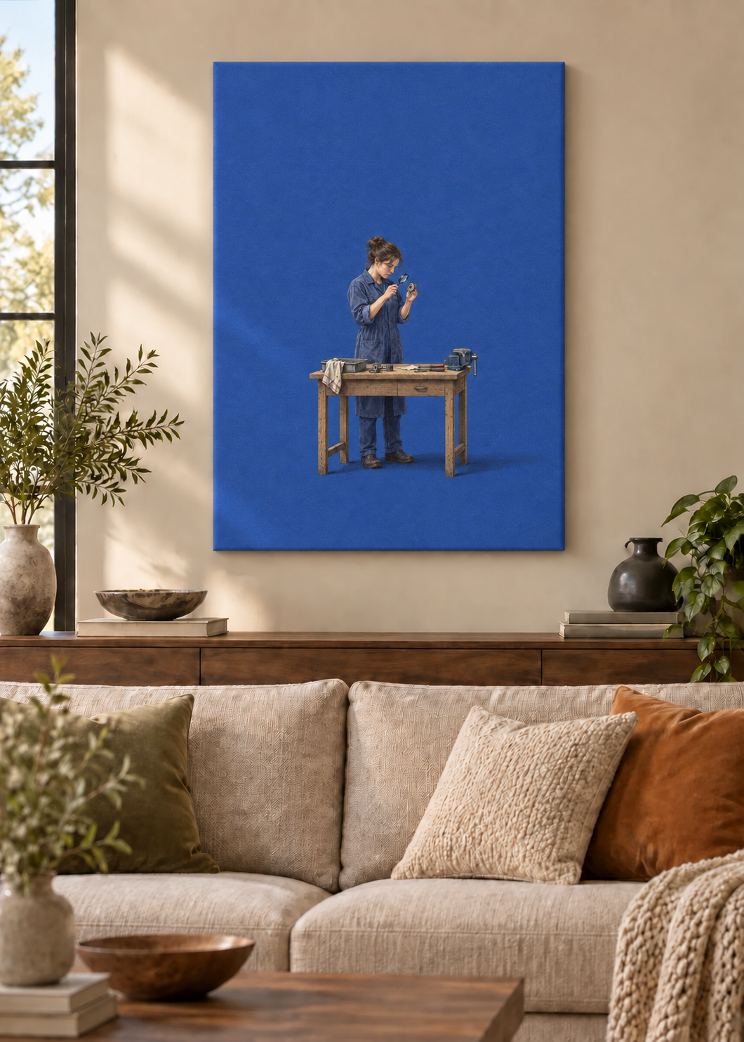GL00100052 Der genaue Blick – Wohnzimmer-Mockup, Rahmenlose Slim-Leinwand