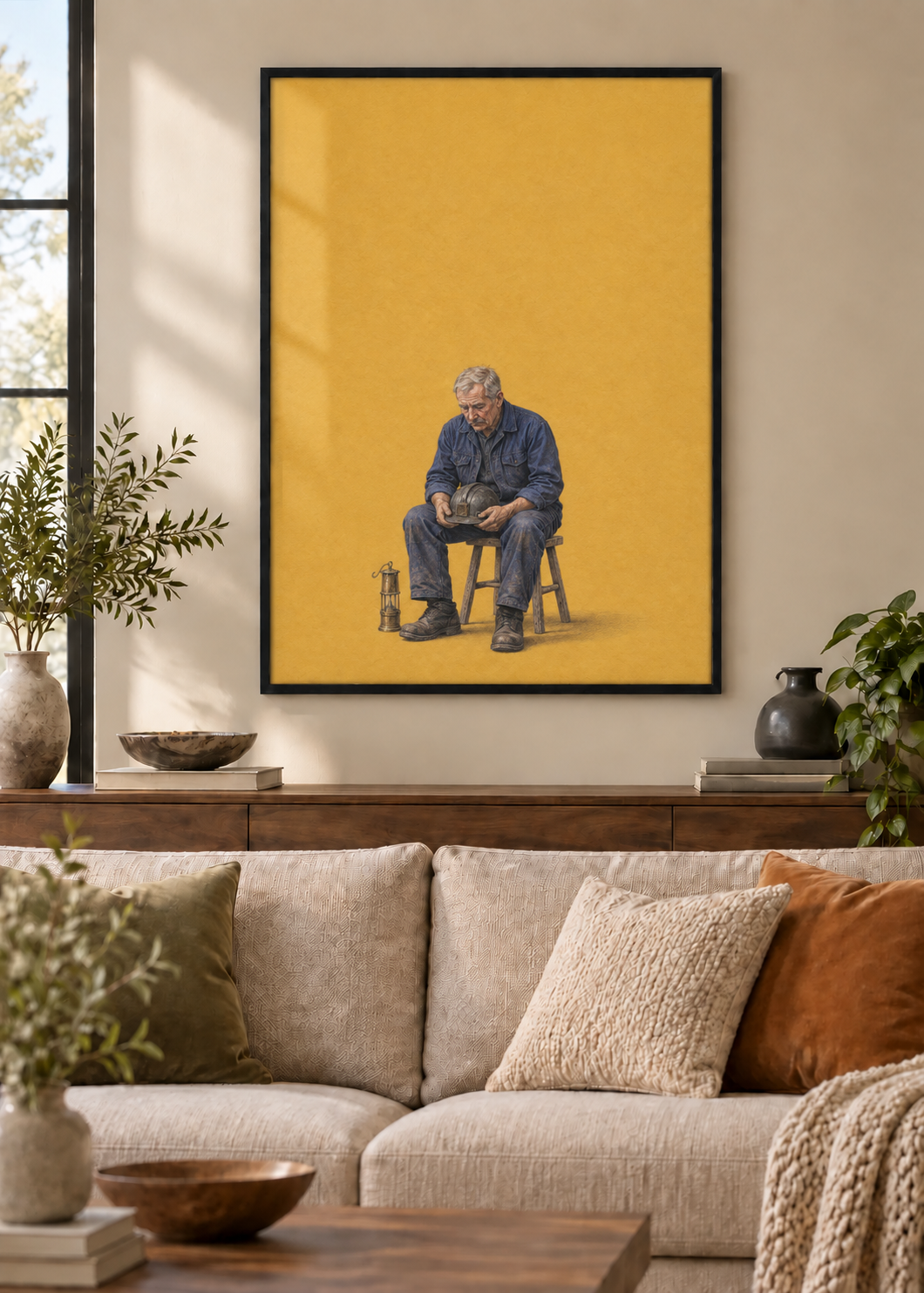 GL00100053 Feierabend im Revier – Wohnzimmer-Mockup, Poster im schwarzen Holzrahmen