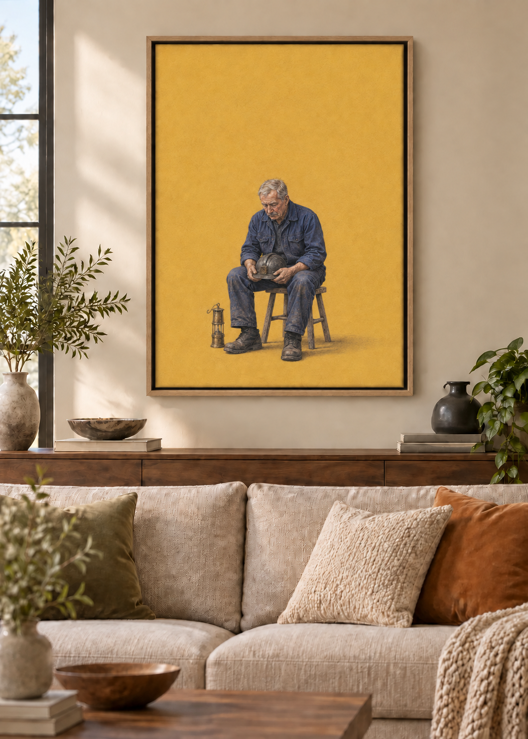 GL00100053 Feierabend im Revier – Wohnzimmer-Mockup, Leinwand mit Naturholz-Schattenfugenrahmen