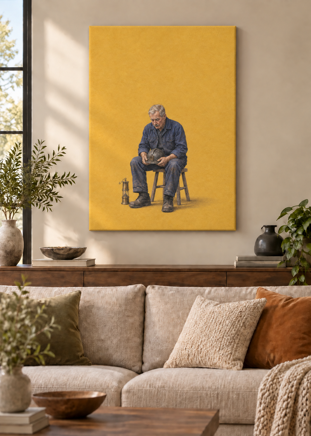 GL00100053 Feierabend im Revier – Wohnzimmer-Mockup, Rahmenlose Slim-Leinwand