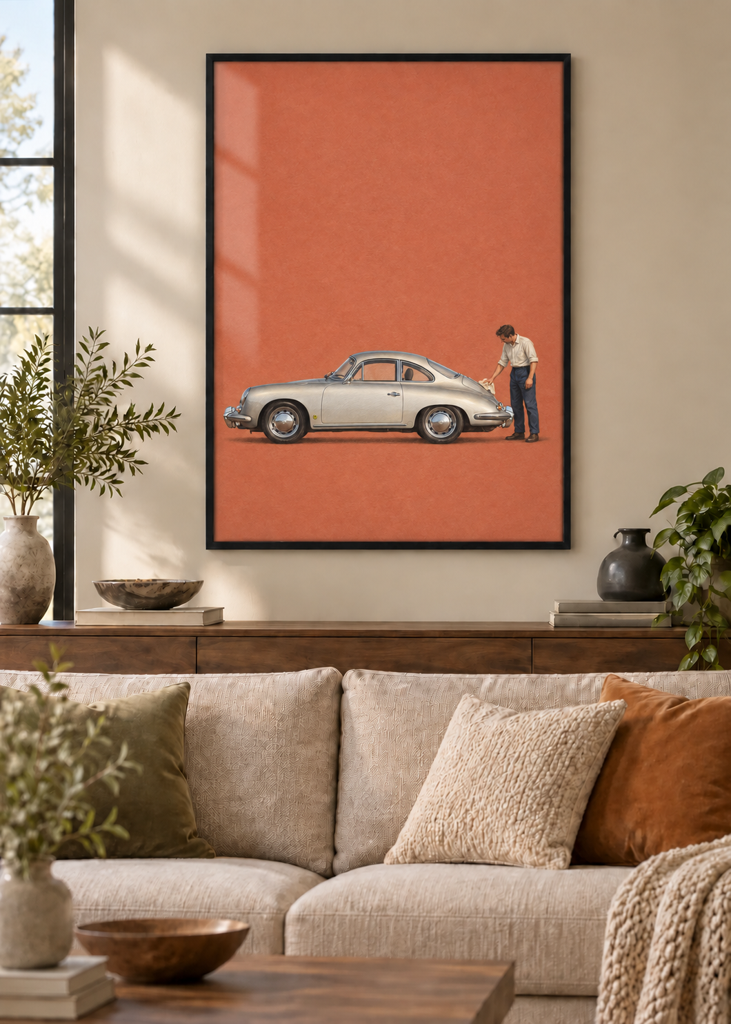 GL00100054 Silberne Linie – Porsche 356 – Wohnzimmer-Mockup, Poster im schwarzen Holzrahmen