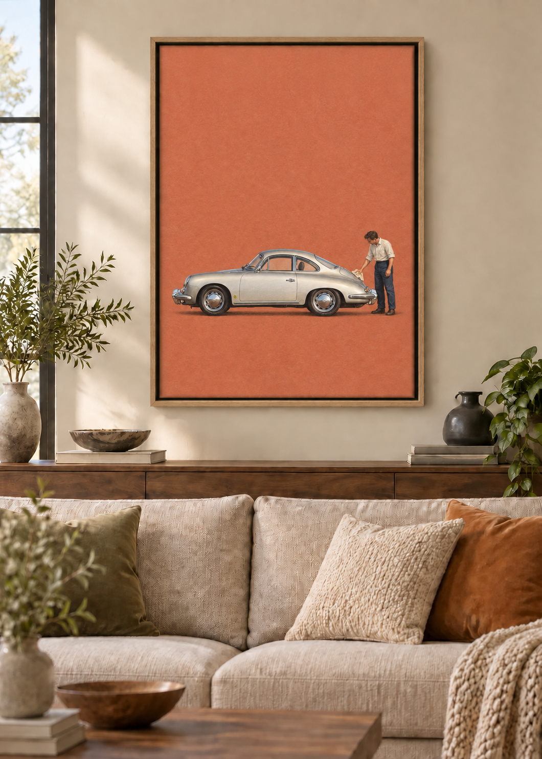 GL00100054 Silberne Linie – Porsche 356 – Wohnzimmer-Mockup, Leinwand mit Naturholz-Schattenfugenrahmen
