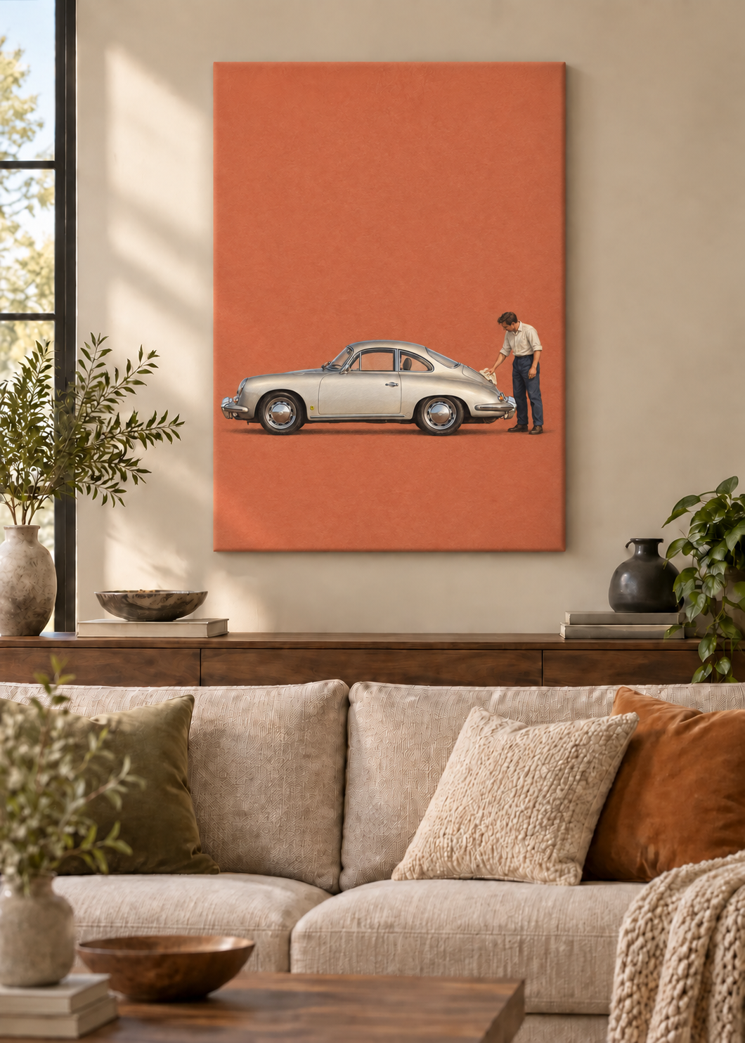 GL00100054 Silberne Linie – Porsche 356 – Wohnzimmer-Mockup, Rahmenlose Slim-Leinwand