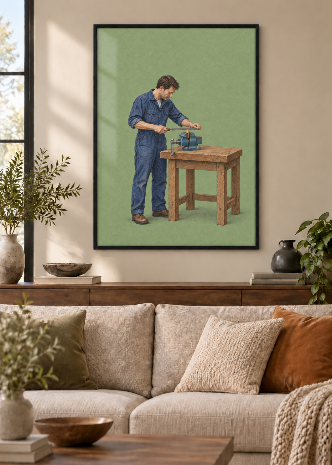 GL00100055 Mit ruhiger Hand – Wohnzimmer-Mockup, Poster im schwarzen Holzrahmen