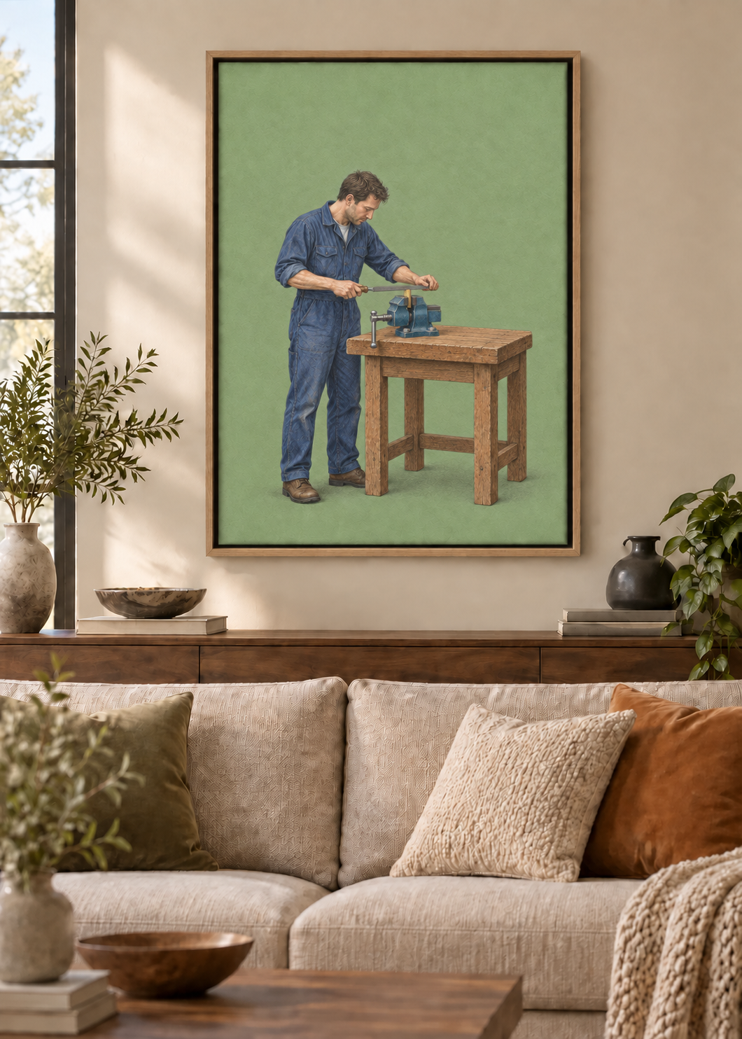 GL00100055 Mit ruhiger Hand – Wohnzimmer-Mockup, Leinwand mit Naturholz-Schattenfugenrahmen