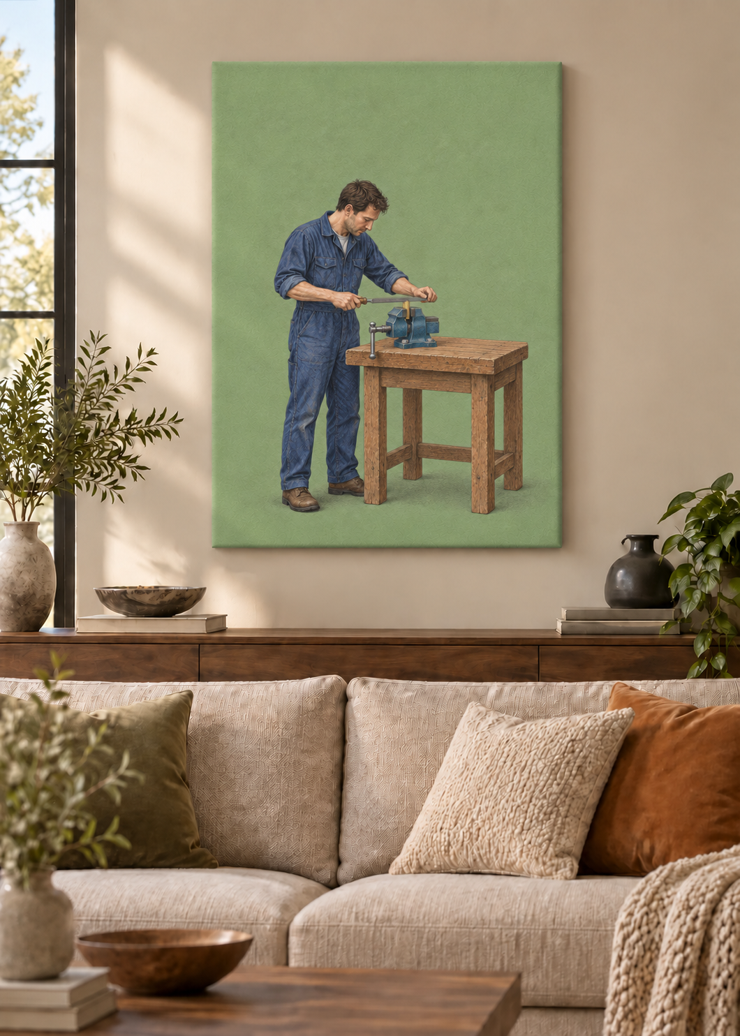 GL00100055 Mit ruhiger Hand – Wohnzimmer-Mockup, Rahmenlose Slim-Leinwand
