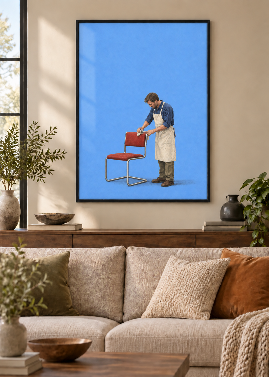 GL00100056 Form und Funktion – Wohnzimmer-Mockup, Poster im schwarzen Holzrahmen