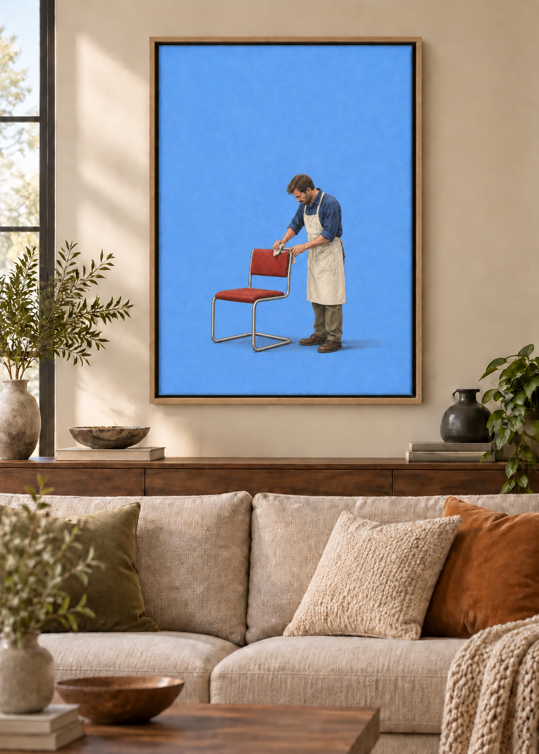 GL00100056 Form und Funktion – Wohnzimmer-Mockup, Leinwand mit Naturholz-Schattenfugenrahmen