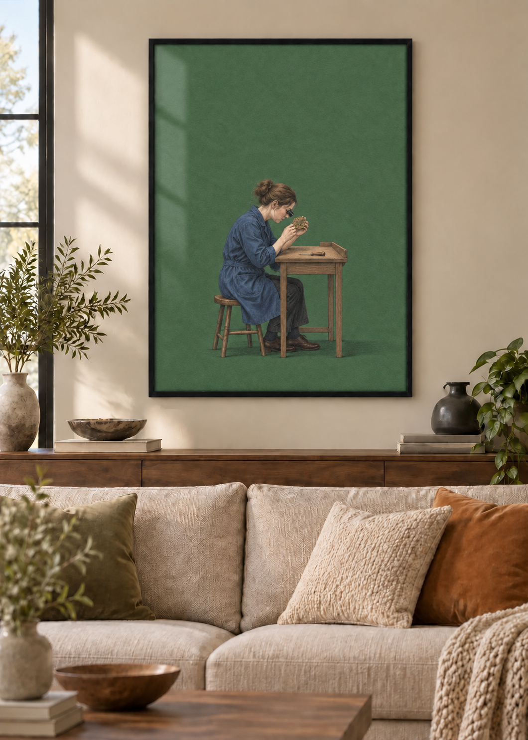 GL00100057 Zeit in guten Händen – Wohnzimmer-Mockup, Poster im schwarzen Holzrahmen