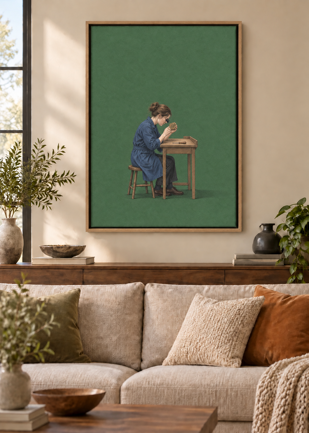 GL00100057 Zeit in guten Händen – Wohnzimmer-Mockup, Leinwand mit Naturholz-Schattenfugenrahmen