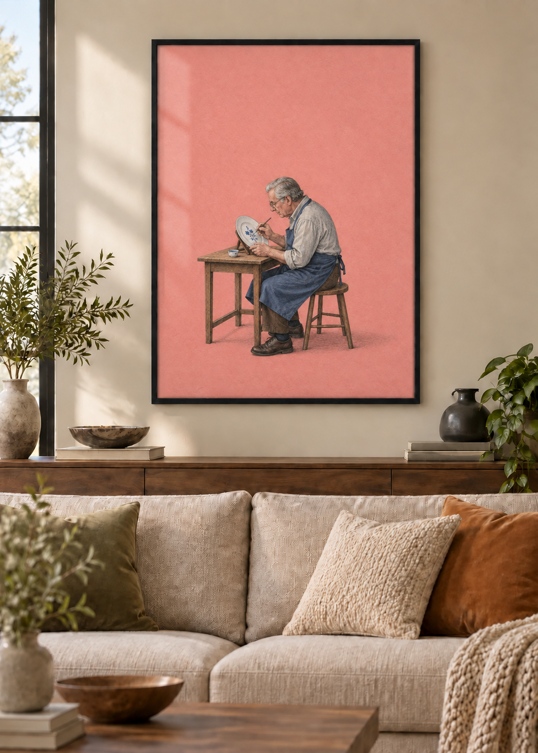 GL00100058 Blau auf Porzellan – Wohnzimmer-Mockup, Poster im schwarzen Holzrahmen