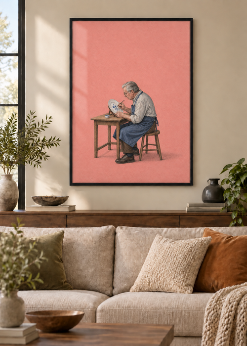 GL00100058 Blau auf Porzellan – Wohnzimmer-Mockup, Poster im schwarzen Holzrahmen
