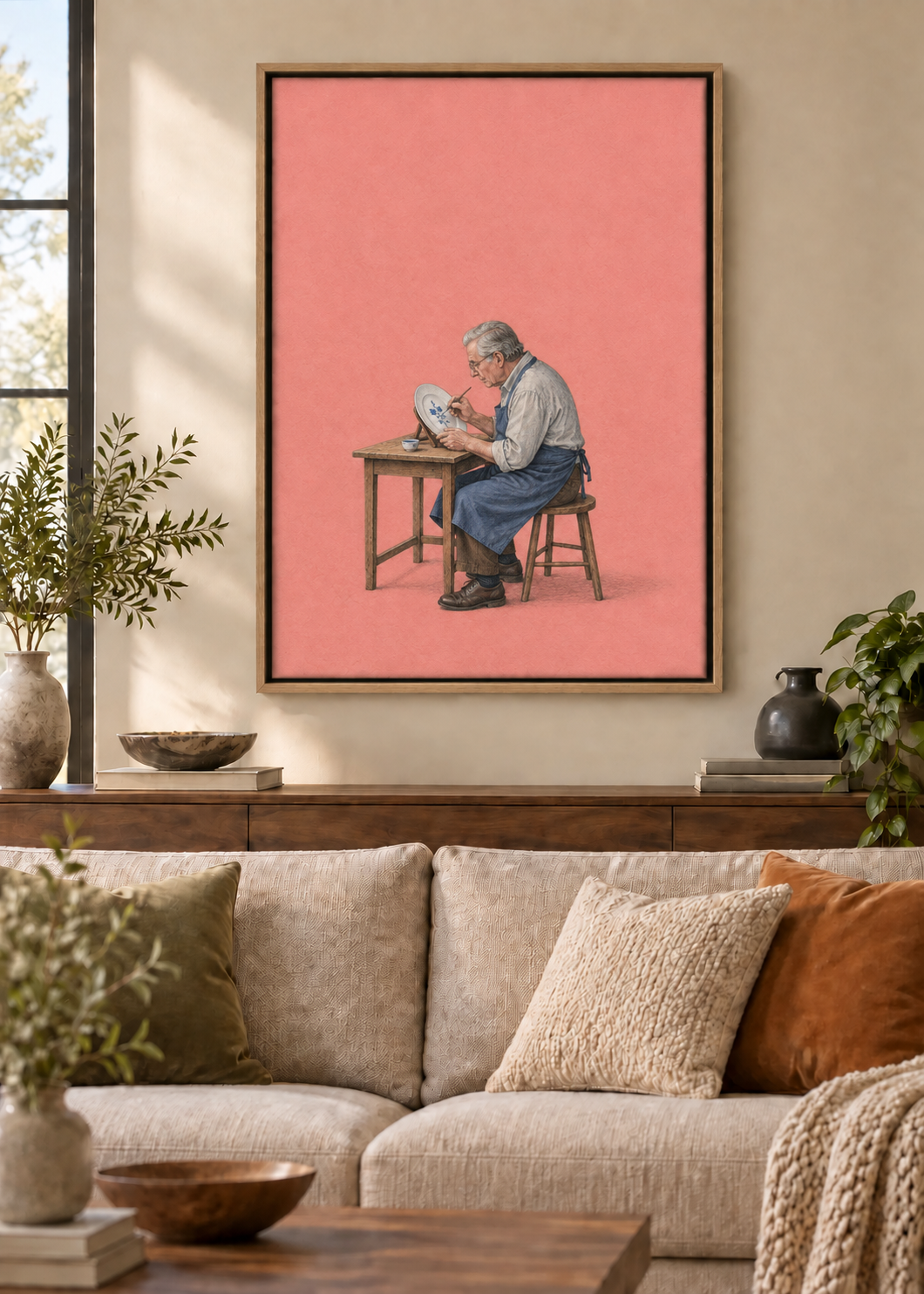 GL00100058 Blau auf Porzellan – Wohnzimmer-Mockup, Leinwand mit Naturholz-Schattenfugenrahmen