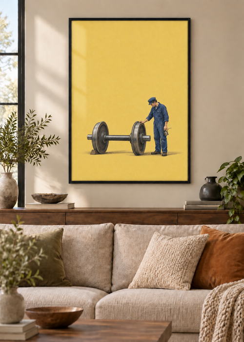 GL00100059 Auf einer Achse – Wohnzimmer-Mockup, Poster im schwarzen Holzrahmen