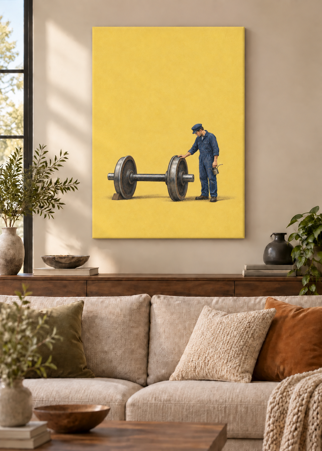 GL00100059 Auf einer Achse – Wohnzimmer-Mockup, Rahmenlose Slim-Leinwand