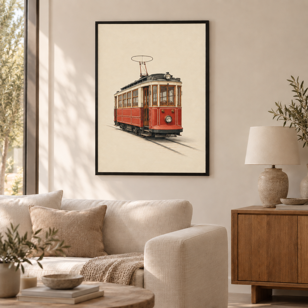 GL00100063 Die rote Tram – Wohnzimmer: Poster im schwarzen Holzrahmen