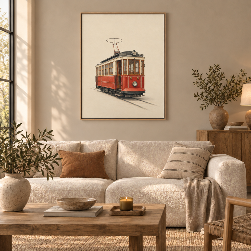 GL00100063 Die rote Tram – Wohnzimmer: Leinwand im Naturholz-Schattenfugenrahmen