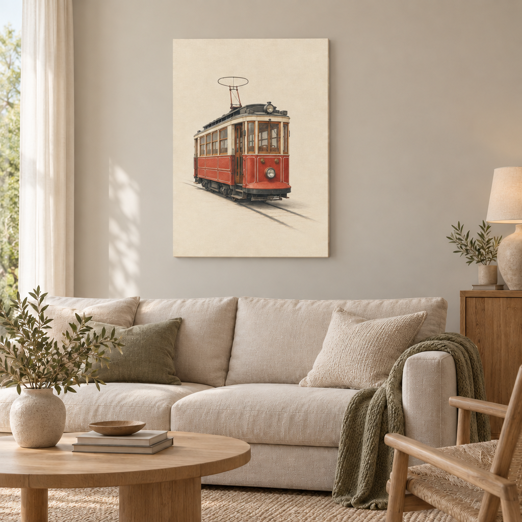 GL00100063 Die rote Tram – Wohnzimmer: rahmenlose Slim-Leinwand