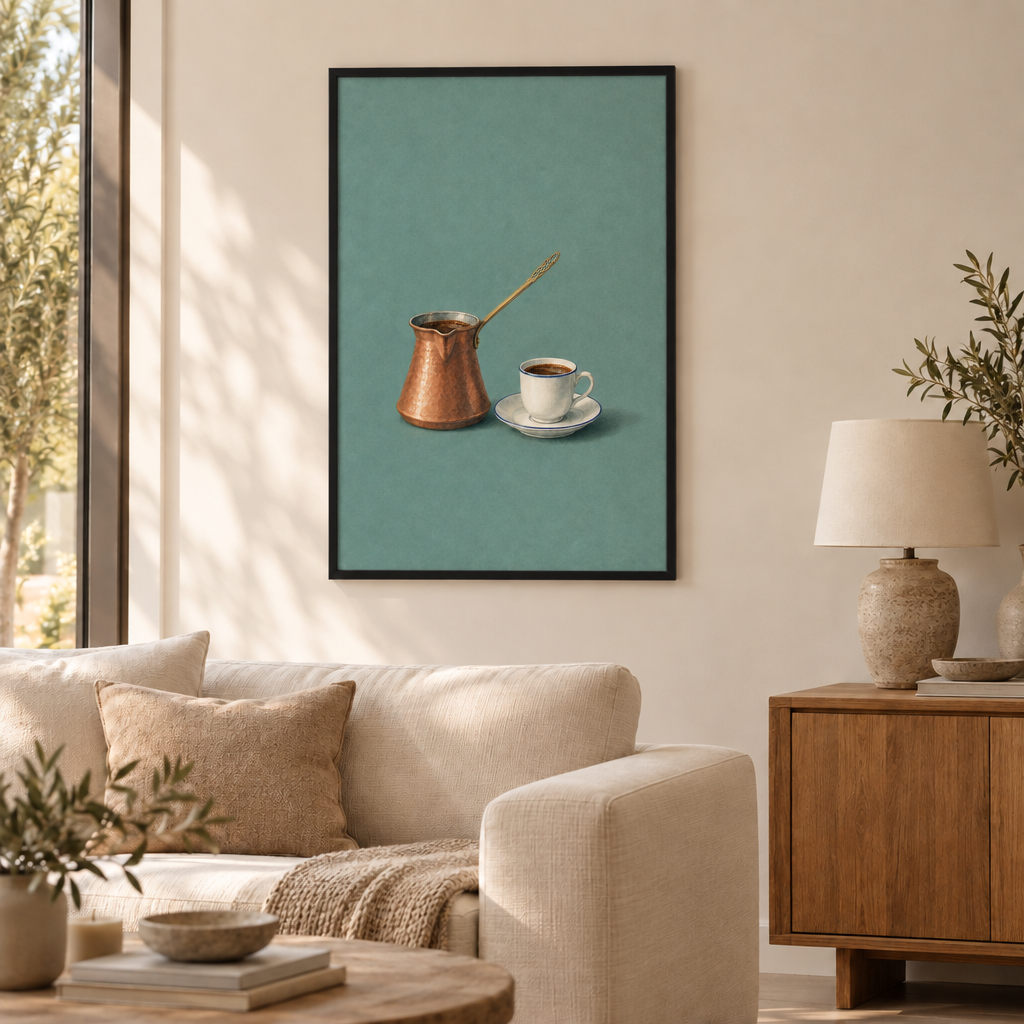 GL00100064 Kaffeeritual – Wohnzimmer: Poster im schwarzen Holzrahmen