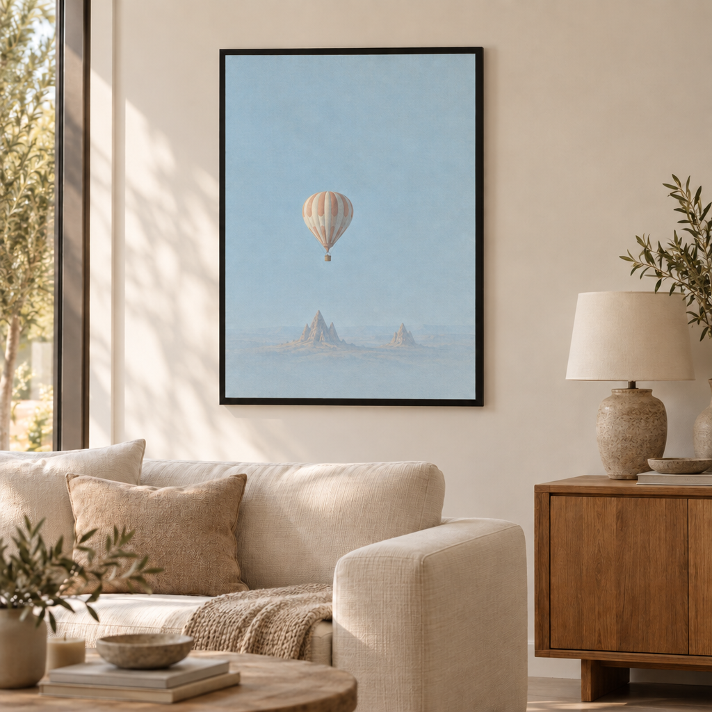 GL00100066 Wind über Kappadokien – Wohnzimmer: Poster im schwarzen Holzrahmen