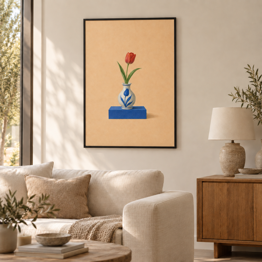 GL00100067 Die blaue Vase – Wohnzimmer: Poster im schwarzen Holzrahmen