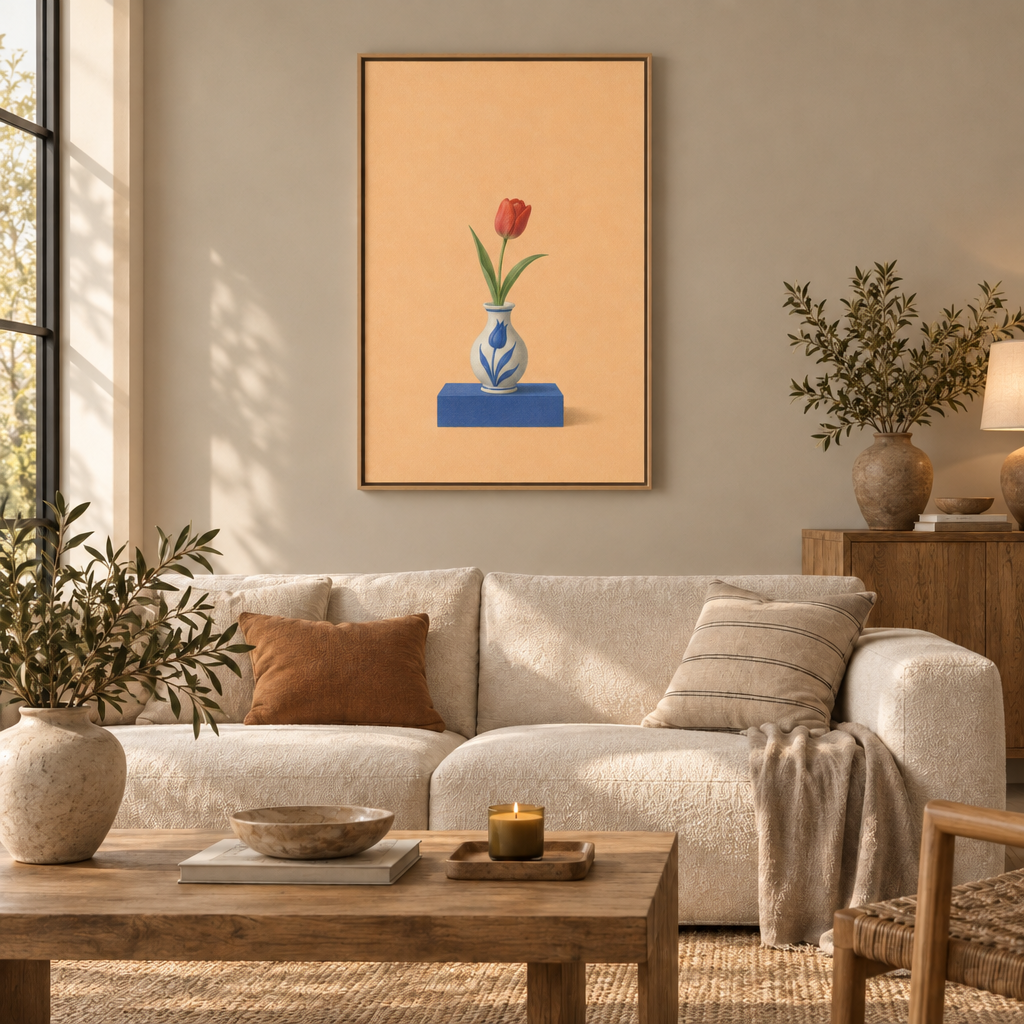 GL00100067 Die blaue Vase – Wohnzimmer: Leinwand im Naturholz-Schattenfugenrahmen