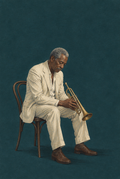Gezeichnetes Jazzmotiv mit sitzendem Trompeter im hellen Anzug vor petrolfarbenem Hintergrund.