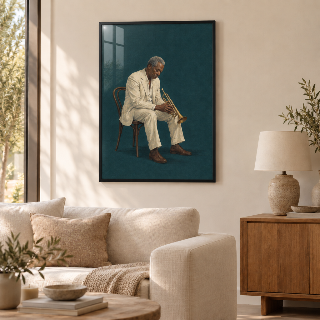 Die letzte Note – Jazz Wandbild New Orleans als Poster im schwarzen Holzrahmen mit Verglasung über einem cremefarbenen Sofa im Wohnzimmer.