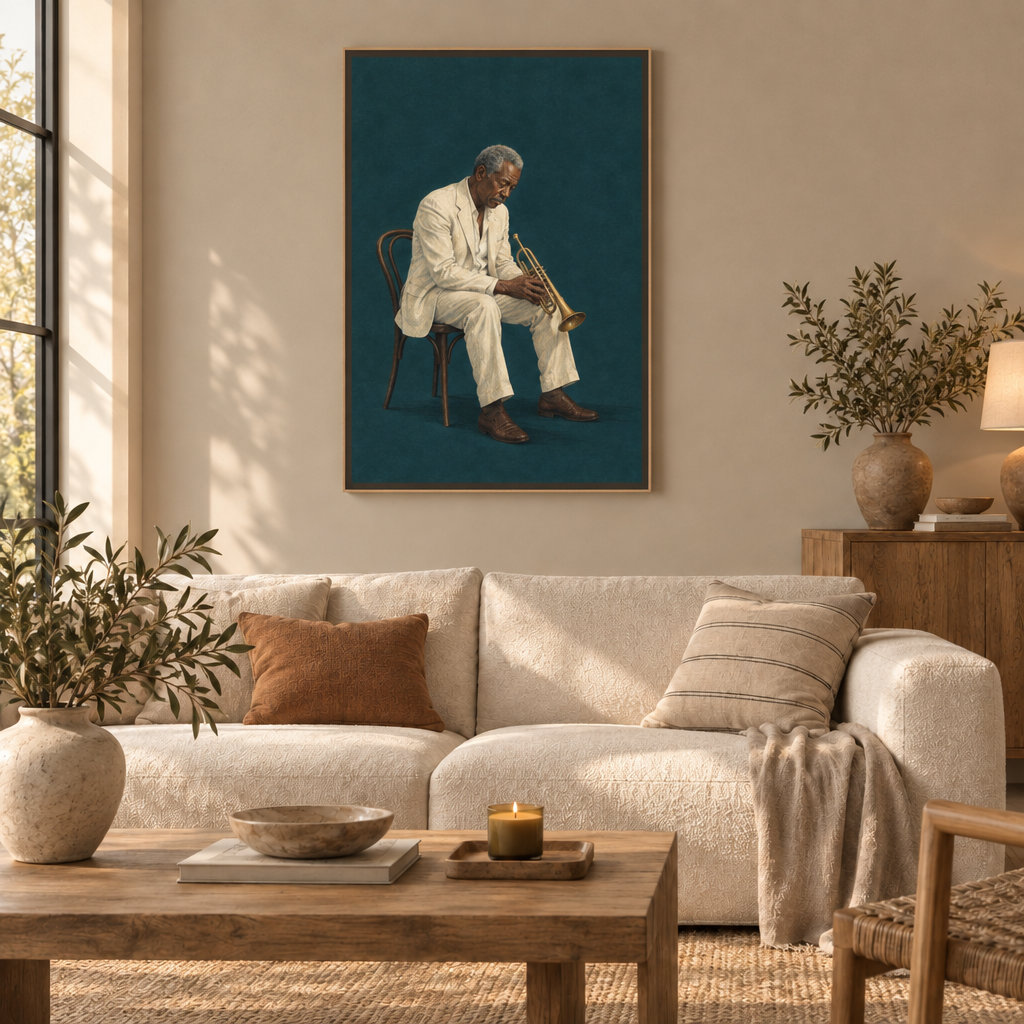 Die letzte Note – Jazz Wandbild New Orleans als Leinwand im Naturholz-Schattenfugenrahmen über einem cremefarbenen Sofa im Wohnzimmer.