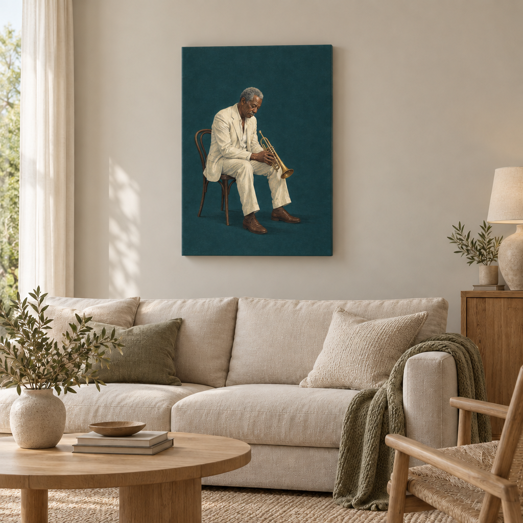 Die letzte Note – Jazz Wandbild New Orleans als rahmenlose Slim-Leinwand über einem cremefarbenen Sofa im Wohnzimmer.