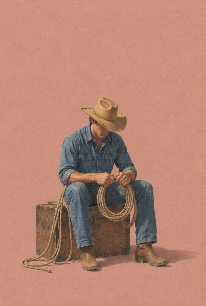 Gezeichneter Cowboy mit Hut und Seil auf einer Holzkiste vor roséfarbenem Hintergrund.