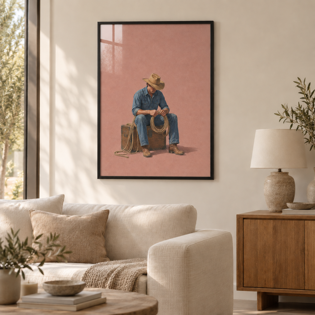 Feierabend im Sattel – Cowboy Wandbild als Poster im schwarzen Holzrahmen mit Verglasung über einem cremefarbenen Sofa im Wohnzimmer.