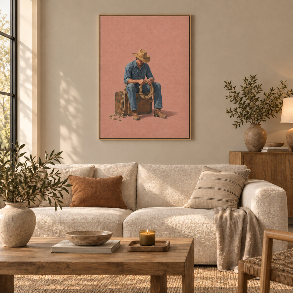 Feierabend im Sattel – Cowboy Wandbild als Leinwand im Naturholz-Schattenfugenrahmen über einem cremefarbenen Sofa im Wohnzimmer.